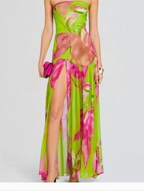 Retrofête Sheer Floral Maxi Dress | Size M | Lime & Pink Statement Dress